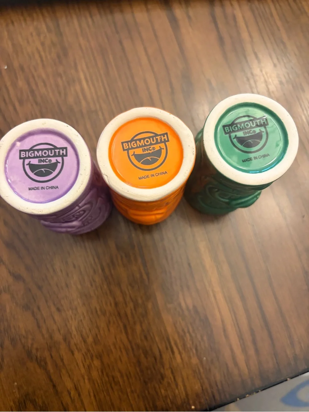 Big mouth bar colorful Set of 3 Tiki Shot Glasses - Purple, Green, Orange. NIB.